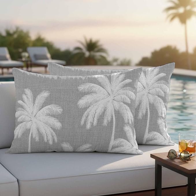 Lumbar Pillow Covers 20x12 Inch Set of 2, Grey Palm Trees Waterproof Outdoor Pillow Covers, Farmhouse Tropical Summer Beach Decorative Cushion Pillowcases for Couch, Sofa, Bed, Garden, Patio