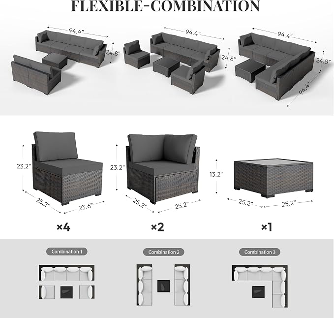 WWR Patio Furniture Set 7 Piece - All-Weather - Wicker Rattan Patio Outdoor Conversation Set, Modular Sectional Sofa for Backyard, Garden, Poolside, Balcony, Porch, Patio, Brown/Dark Gray