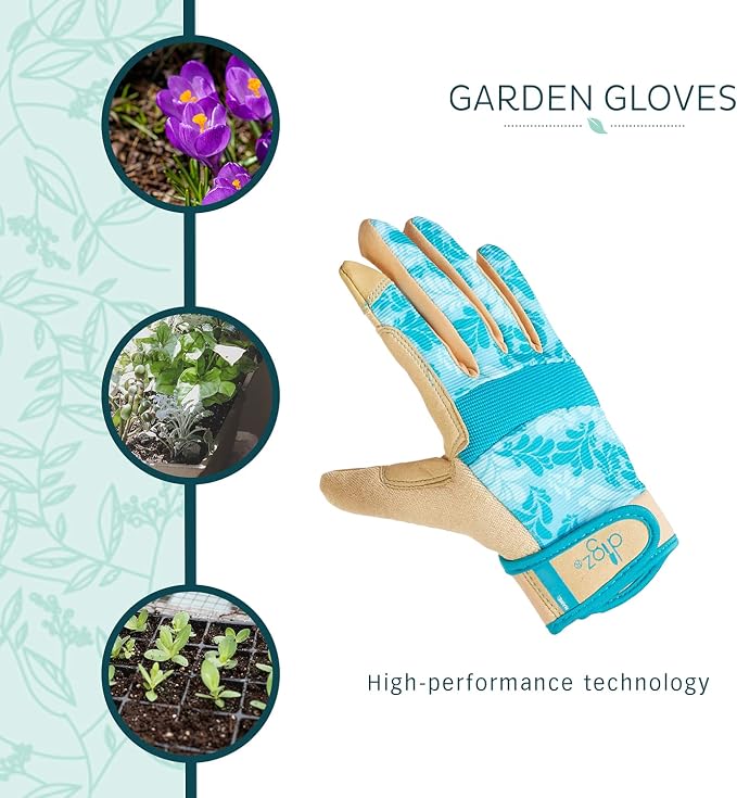 DIGZ 7606-23 High Performance Women's Gardening Gloves, Work Gloves with Touchscreen Compatible Fingertips, Blue Leaves Pattern, Medium