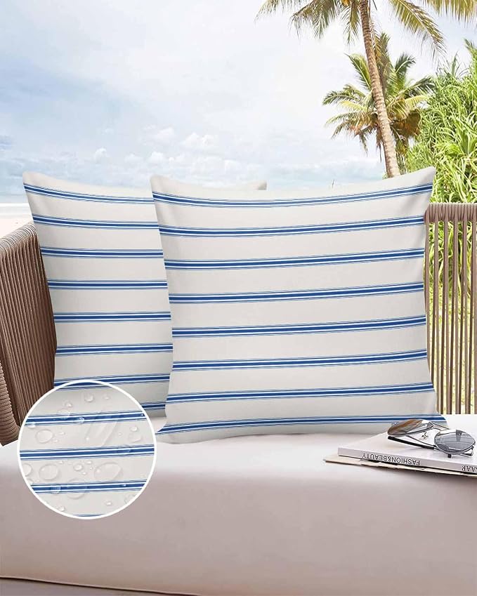 Vandarllin Outdoor Throw Pillows Covers 18x18 inch Set of 2 Waterproof Blue Stripes Decorative Zippered Cushion Covers for Patio Furniture, Abstract Lines Striped Lumbar Pillowcases