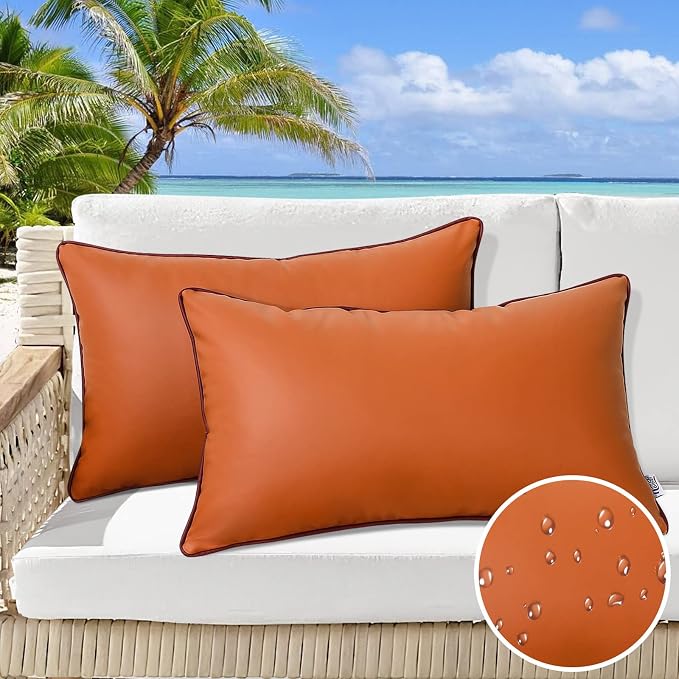 Pack of 2 Outdoor Pillow Cover 12x20 Inch Water Resistant Silicone Leather UV Fade Resistant Brown Lumbar Pillow Cover for Patio Garden Tent Couch