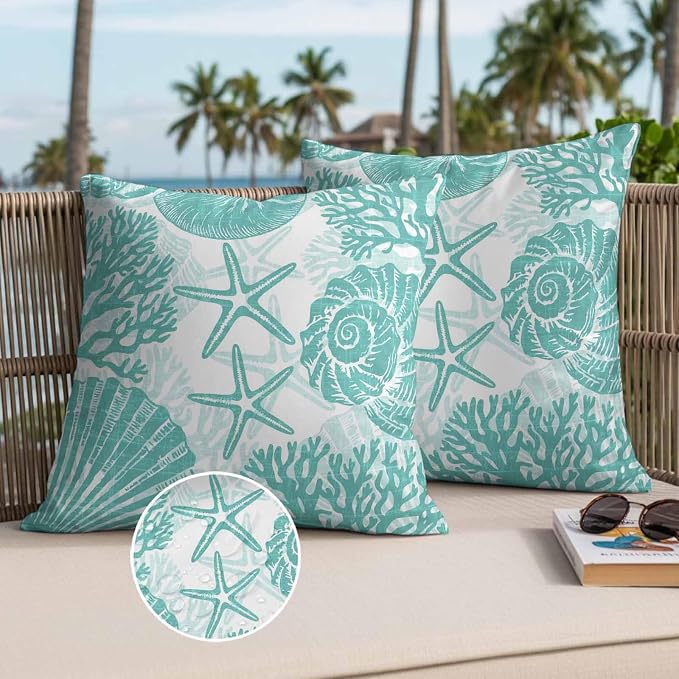 Outdoor Pillow Covers 18x18 Inch Set of 2, Teal Coastal Waterproof Throw Pillow Covers, Beach Starfish Nautical Coral Shell Summer Decorative Cushion Pillowcases for Couch, Sofa, Bed, Garden, Patio