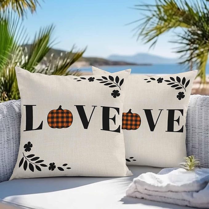 Orange Pumpkin Outdoor Waterproof Pillow Covers, Fall Leaves Love Heart Beige Pastoral Decorative Square Throw Pillowcase Sofa Cushion Sham for Patio/Couch/Chair, 26"x26" 2 Pack