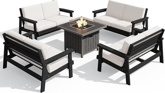 SERWALL Patio Furniture Set with 33” Fire Pit Table, HDPE Outdoor Sectional Sofa Set with Thickened Cushions, Black Frame with Khaki Cushions