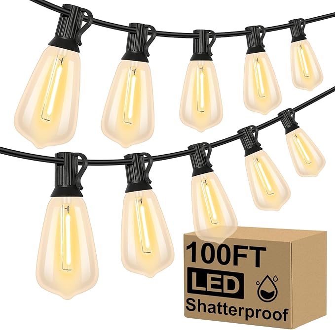 Brightever LED Outdoor String Lights 100FT Patio Lights with 52 Shatterproof 2200K ST38 Vintage Edison Bulbs, Amber Outside Hanging Light Waterproof for Porch, Deck, Garden, Dimmable Amber Lights