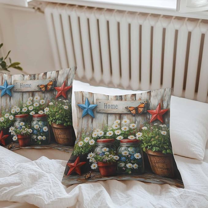 Daisy Flower Waterproof Outdoor Pillow Covers Set of 2 Home Decor, Retro Western Red Blue Stars Butterfly Wood Pillowcase Patio Pillow Covers for Couch Bench Furniture Garden 16x16in