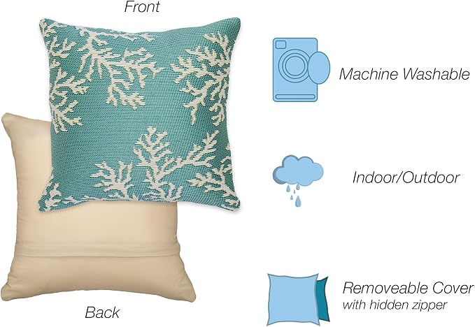 Liora Manne Marina Indoor/Outdoor Power Loomed Easy Care Pillow - Transitional Border Coastal Beach Accent (Coral Edge Aqua) (12" x 18")