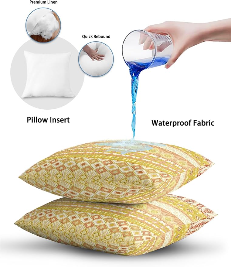Waterproof Outdoor Pillow Set of 2 Yellow Bohemian Decorative Throw Pillows Cover & Insert 20x12 Inch Lumbar Pillowcase Boho Style Floral Leaves Geometric Pillows for Couch Sofa Bed Patio Furniture