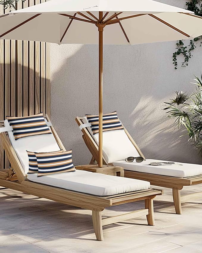 Stripes Outdoor Pillows for Chaise Lounge Chair Set of 2 Orange Navy Blue Stripe Modern Abstract Minimalist Waterproof Lumbar Patio Pillows with Insert & Adjustable Elastic Strap for Recliner Beach
