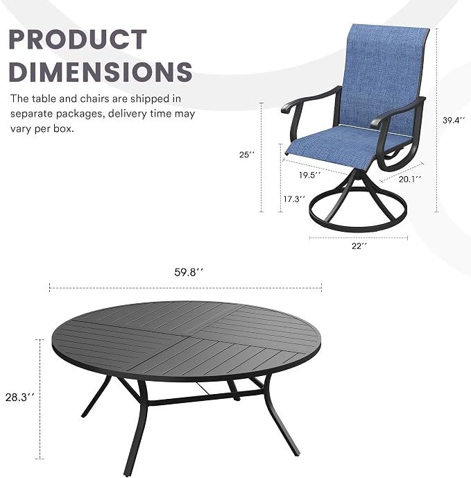 9 Pieces Patio Furniture Dining Set, 8 Textilene Swivel Dining Chairs, 60" Outdoor Round Metal Table with 1.57" Umbrella Hole, Outdoor Dining Set for Porch, Lawn, Garden, Black/Blue