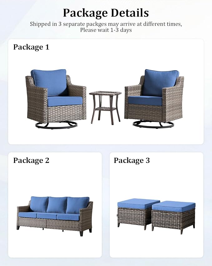 Outdoor Furniture Set of 6, Patio Chairs with Luxury 4" Cushion, Wicker Swivel Rocker Patio Chairs, and Side Table, High Back&Deep Seat for Garden Deck Porch Balcony Backyard - Blue