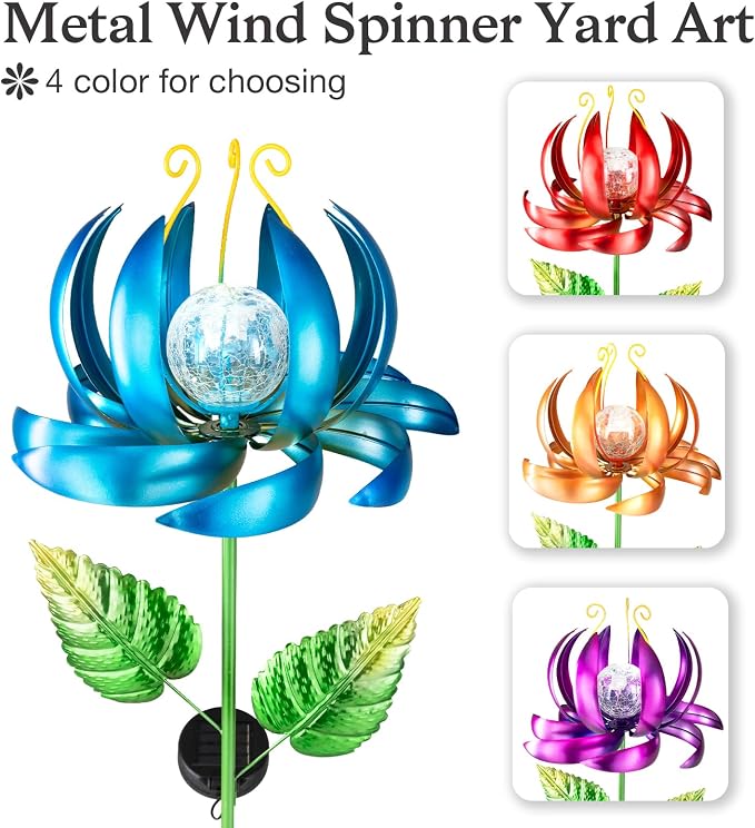 Solar Yard Lights Wind Spinners- Metal Lotus Flower Garden Decor LED Crackle Glass Globe Yard Art Sculpture Solar Stake Lights for Patio Pathway Lawn Walkway (Blue-Large)