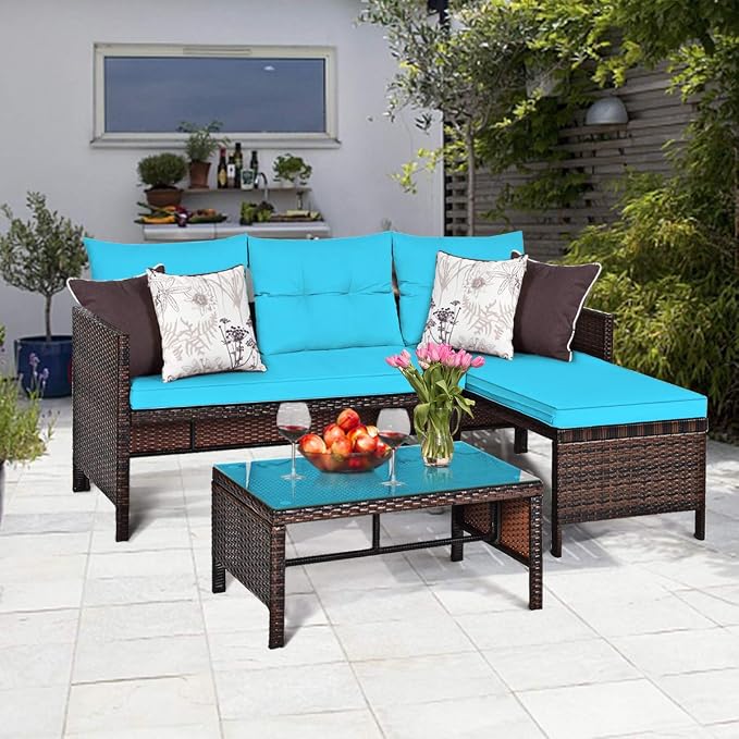 RELAX4LIFE 3-Piece Patio Furniture Set, Outdoor Wicker Sectional Sofa Set w/Washable Cushion, Tempered Glass Coffee Table, Rattan Conversation Set Outdoor Couch for Garden Backyard Deck (Turquoise)