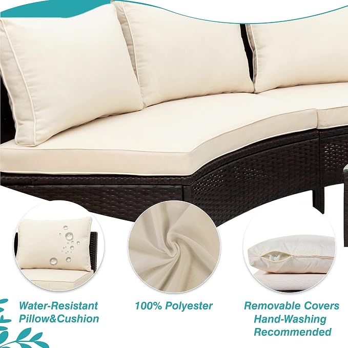 Merax 5-Piece Outdoor Sectional Sofa Set, All-Weather PE Wicker Patio Furniture with Tempered Glass Table, Half-Moon Conversation Set for Garden, Deck, Backyard Living Area,Beige