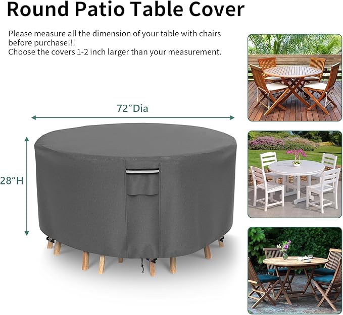 Round Patio Furniture Covers, 500D Heavy Duty Waterproof UV Resistant Cover for Round Outdoor Dining Table & Chairs,72''Diax28''H -Gray