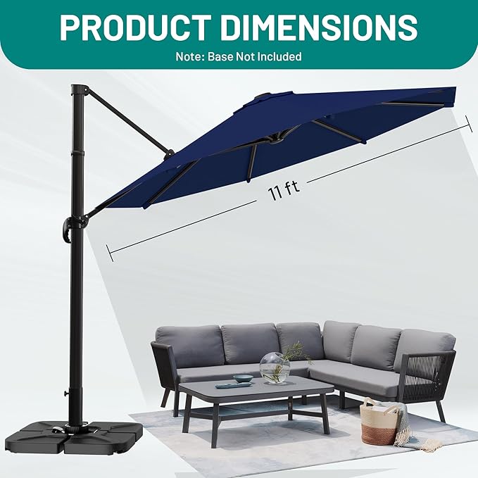 AreShark 11FT Cantilever Patio Umbrella, 360-Degree Rotation Round Hanging Offset Umbrella with Crank, Heavy Duty Patio Umbrella for Patio, Pool, Garden, Deck, Navy