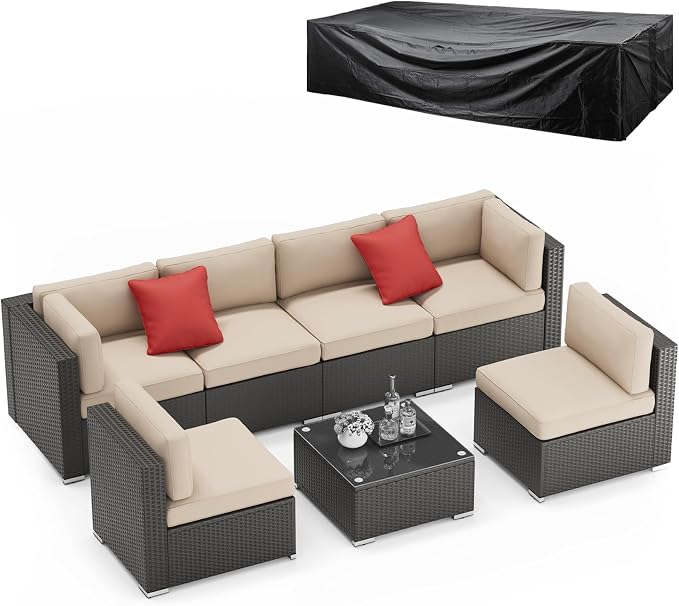 SUNCROWN 7-Piece Outdoor Patio Furniture Sofa Set All-Weather Wicker Sectional Conversation Set with Modern Glass Coffee Table, Cushions and Waterproof Cover, Backyard, Garden, Light Brown