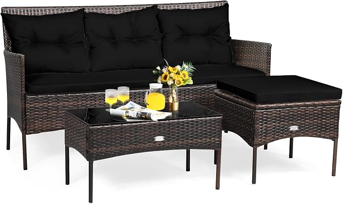 HAPPYGRILL 3-Piece Patio Furniture Set Outdoor Rattan Conversation Set with Coffee Table, Seat & Back Cushions, Sectional Sofa Set for Poolside Balcony Backyard
