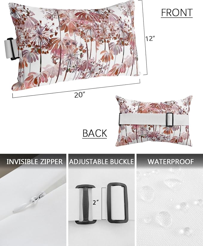 Outdoor Pillows Waterproof Covers Set of 2, Red Dandelion Adjustable Elastic Chaise Lounge Headrest Pillow Covers, Spring Bloom Flowers Decorative Lumbar Pillow for Pool Patio Furniture 20x12 Inch