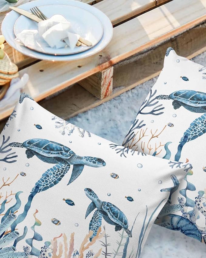 Outdoor Pillow Covers 24 x 24 in, Blue Sea Turtle Waterproof Throw Pillow Cover Set of 2, Ocean Beach Coral Nautical Coastal Shell Home Decorative Square Cushion Covers for Patio/Couch/Garden