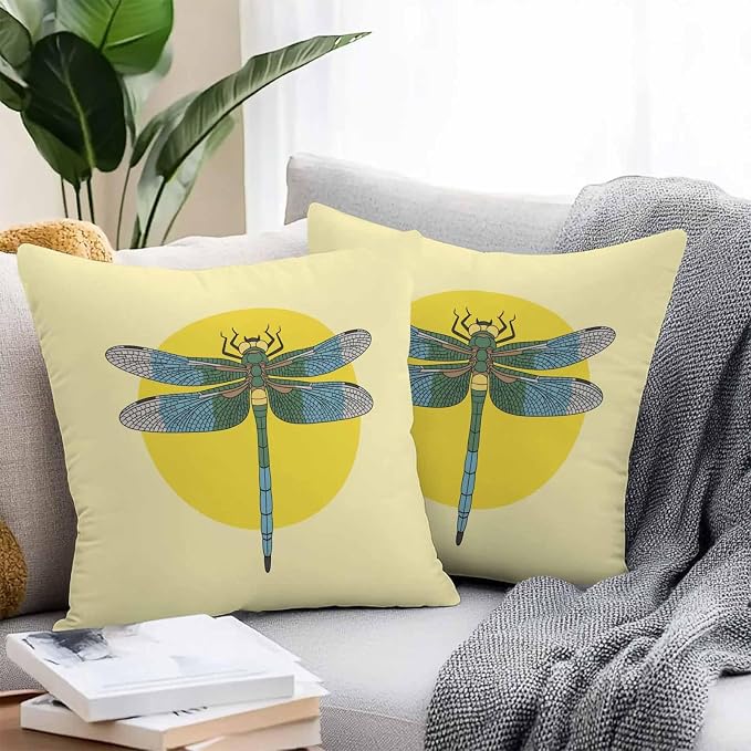 Throw Pillow Covers 20x20 Inch Set of 2, Blue Dragonfly Waterproof Outdoor Pillow Covers, Yellow Vintage Art Decorative Cushion Pillowcases for Couch, Sofa, Bed, Garden, Patio