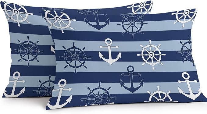 Nautical Ship Anchors Waterproof Outdoor Pillow Covers Set of 2 Home Decor, Navy Blue Horizontal Stripes Lumbar Pillowcase Patio Pillow Covers for Couch Bench Patio Furniture Garden 20x12in