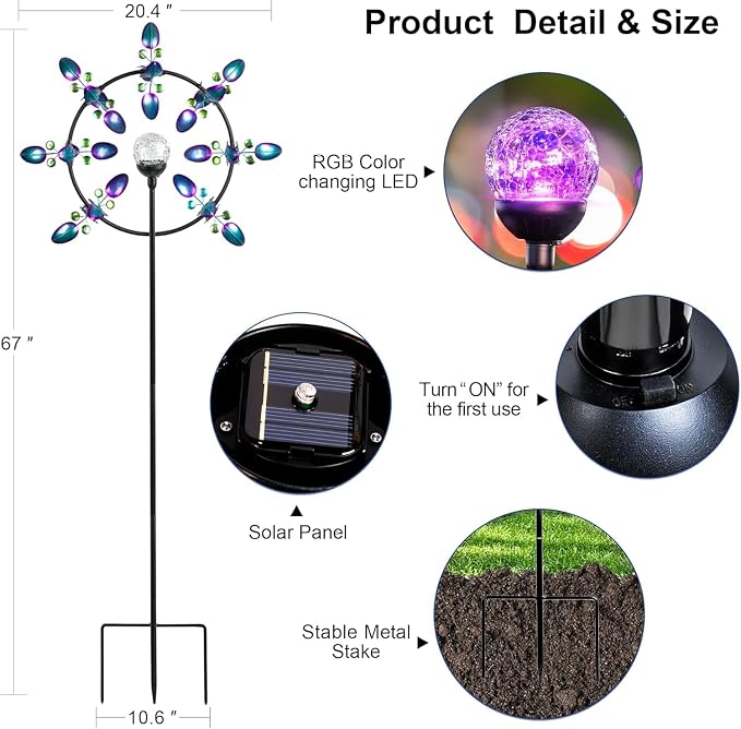 Large Peacock Solar Wind Spinner Outdoor - Metal Kinetic Sculptures with Color-Changing Glass Ball, Dual Direction Spinning Garden Art Decor, Waterproof Lighted Windmills for Patio, Yard, Lawn