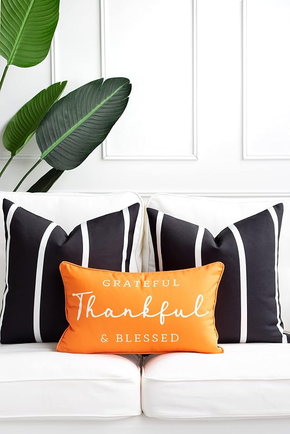 Hofdeco Porch Patio Indoor Outdoor Lumbar Pillow Cover ONLY for Backyard, Couch, Sofa, Grateful Thankful, 12inchx20inch, Orange (03-0411-13)