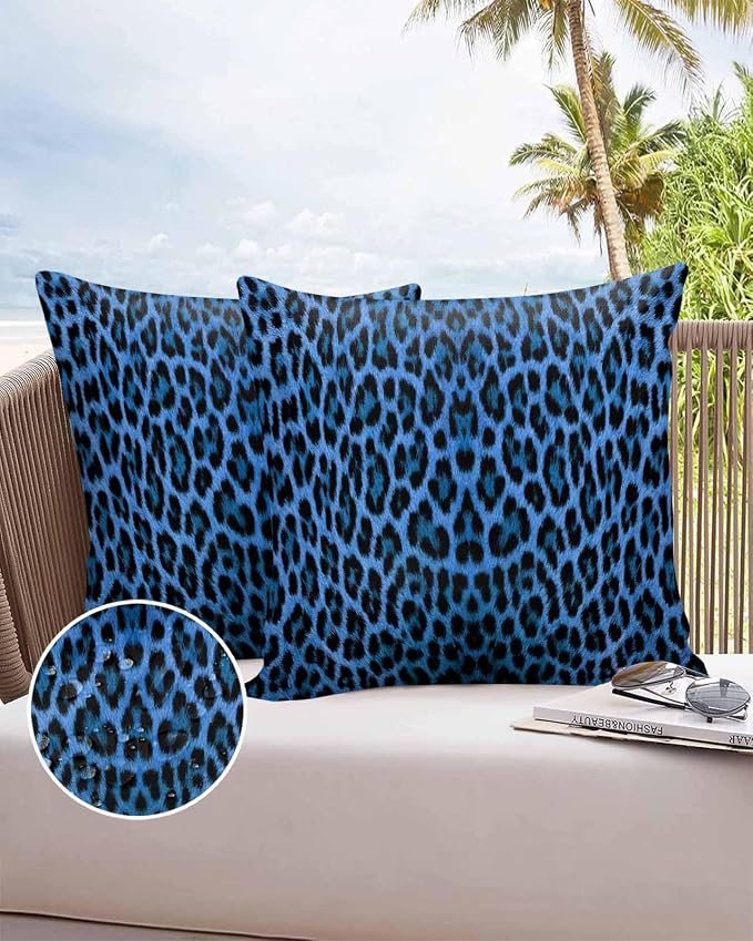 Vandarllin Outdoor Throw Pillows Covers 24x24 inch Set of 2 Waterproof Blue Leopard Print Decorative Zippered Cushion Covers for Patio Furniture, Retro Animal Fur Pattern Lumbar Pillowcases