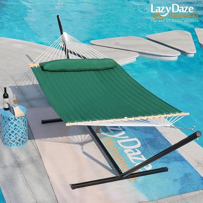 Lazy Daze Hammocks 12 FT Double Quilted Fabric Hammock with Spreader Bar and Detachable Pillow, 2 Person Hammock for Outdoor Patio Backyard Poolside, 450 LBS Weight Capacity, Dark Green