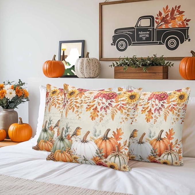 Orange White Pumpkins Fall Throw Pillow Covers 24x24 Inch Set of 2, Thanksgiving Waterproof Outdoor Pillow Covers, Sunflower Retro Decorative Cushion Pillowcases for Couch, Sofa, Bed, Garden, Patio