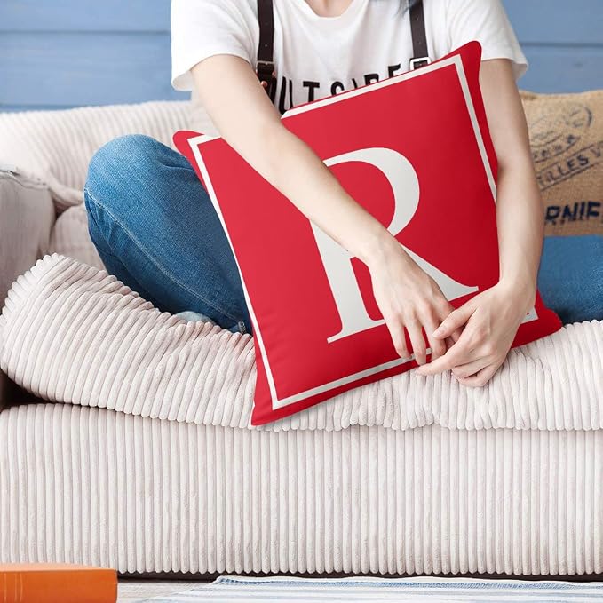 Monogram Initial Red White Outdoor Pillow Covers 16 x 16inches Decorative Pillow Case for Sofa Couch Bed (Pillow Insert Not Include)
