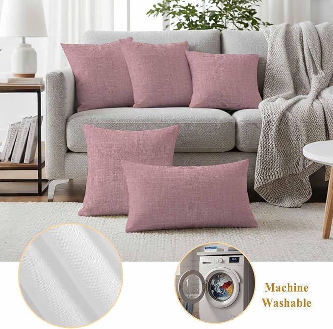 Outdoor Waterproof Throw Pillow Covers Set of 2 Pink Linen Pillowcases 26x26 Inches Farmhouse Pure Color Decorative Pillows Cushion Case Patio Pillows for Couch Bed Chair Garden