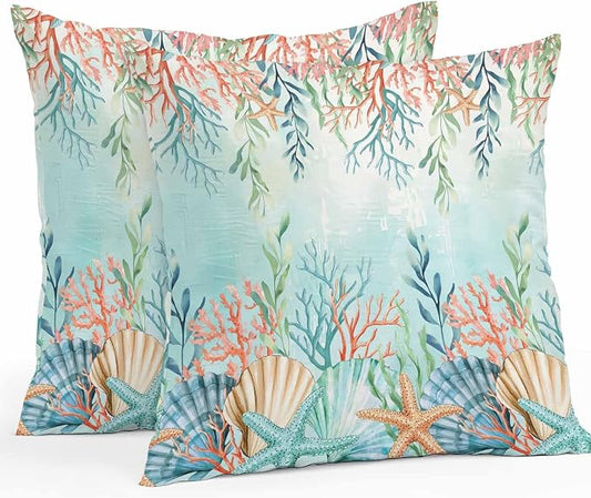 Throw Pillow Covers 18x18 Inch Set of 2, Ocean Starfish Seaweed Waterproof Outdoor Pillow Covers, Summer Coastal Beach Shell Coral Teal Decorative Cushion Pillowcases for Couch, Sofa, Bed, Patio