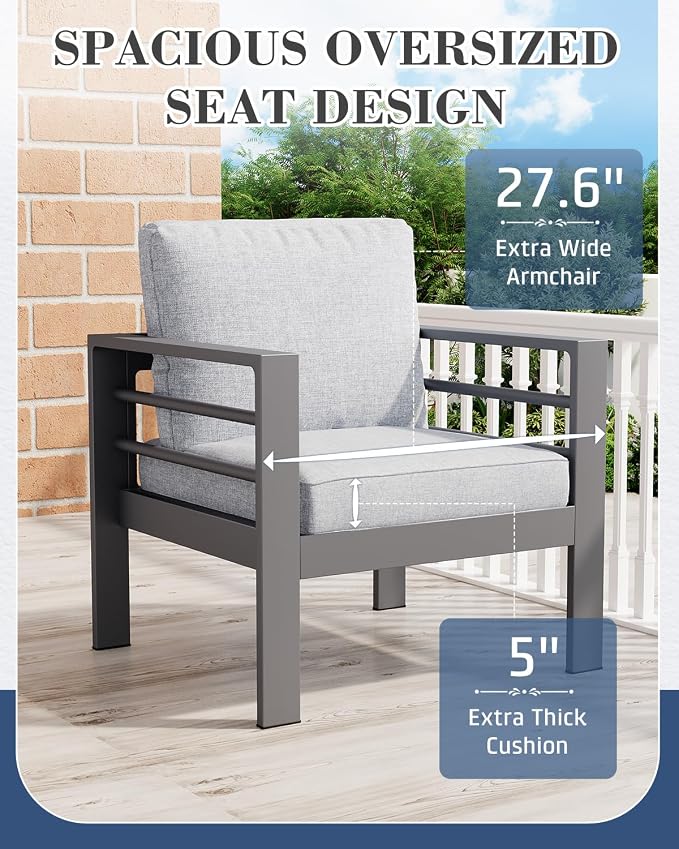 AECOJOY Aluminum Patio Furniture Loveseat, Modern Outdoor Furniture with Washable 5 inch Thick Cushion, Light Gray