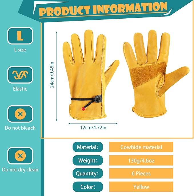 Tarpop Men's Large Cowhide Leather Work Gloves, Reinforced Palm for Wood Cutting, Construction, Gardening, Driving