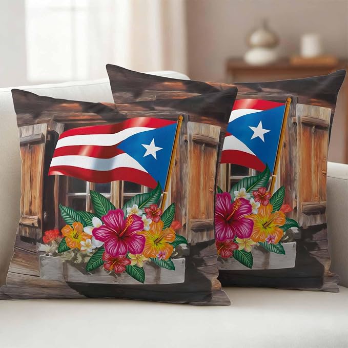 Puerto Rico Flag Outdoor Pillow Covers 16x16 Inch Throw Pillow Covers Set of 2 Waterproof Decorative Pillow Cases Farmhouse Retro Flowers American Flags Cushion Covers for Patio Furniture Garden Couch
