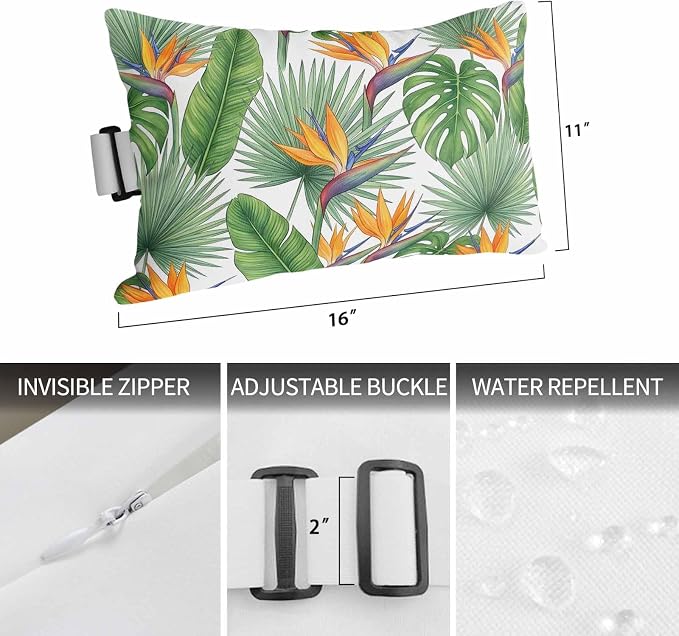 Outdoor Chair Pillow Headrest for Patio Pool Chaise Lounge, Summer Tropical Plants Recliner Head Pillow, Watercolor Palm Leaves Green Waterproof Pillowcases Neck Lumbar Pillows & Insert 11x16x2pcs