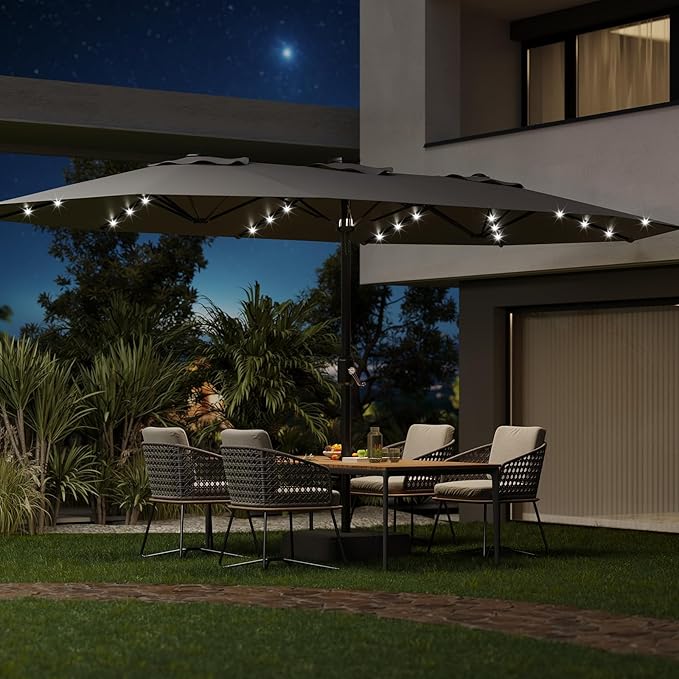 15FT Outdoor Patio Umbrella,Double-Sided Rectangle Market Umbrella with 36 LED Solar Lights & Base,UV50+ Weather-Resistant Oversized Outdoor Umbrella,Crank Lift,3-Way Shade for Pool,Garden,Backyard