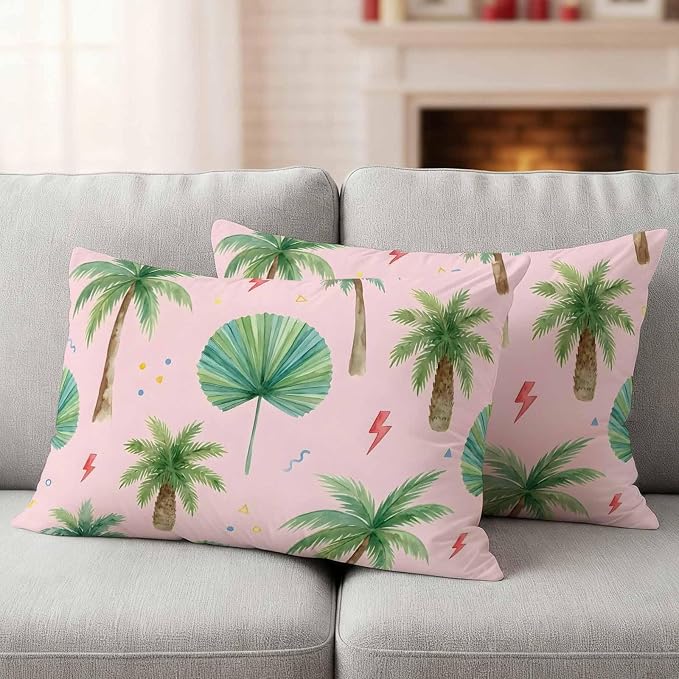 Yukro Tropical Palm Tree Outdoor Waterproof Pillow Covers Pack of 2, Lightning Summer Pink Boho Throw Pillowcases Decorative Cushion Covers for Garden Patio Tent Sofa Couch, 20x12 inch
