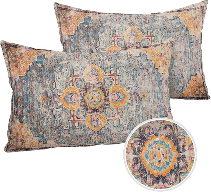 Prime Leader Outdoor Waterproof Pillow Covers Set of 2, Geometric Abstract Carpet Flowers Pattern Yellow Patio Throw Pillow Covers, Decorative Cushion Case for Couch Sofa Furniture Garden, 20x12 Inch