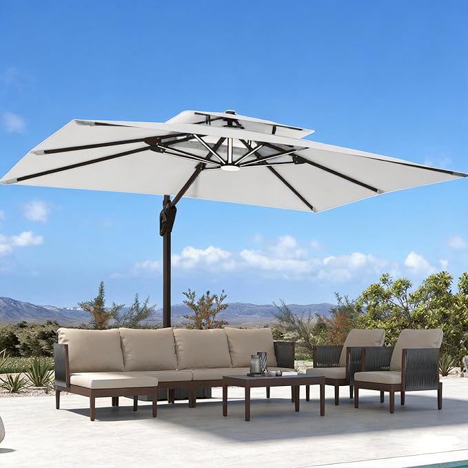 10' X 13' Patio Umbrella with LED Lights Outdoor Cantilever Large Rectangle Offset Umbrellas Heavy Duty Aluminum Double Top with 360-degree Rotation for Pool Garden Deck, Fog Grey