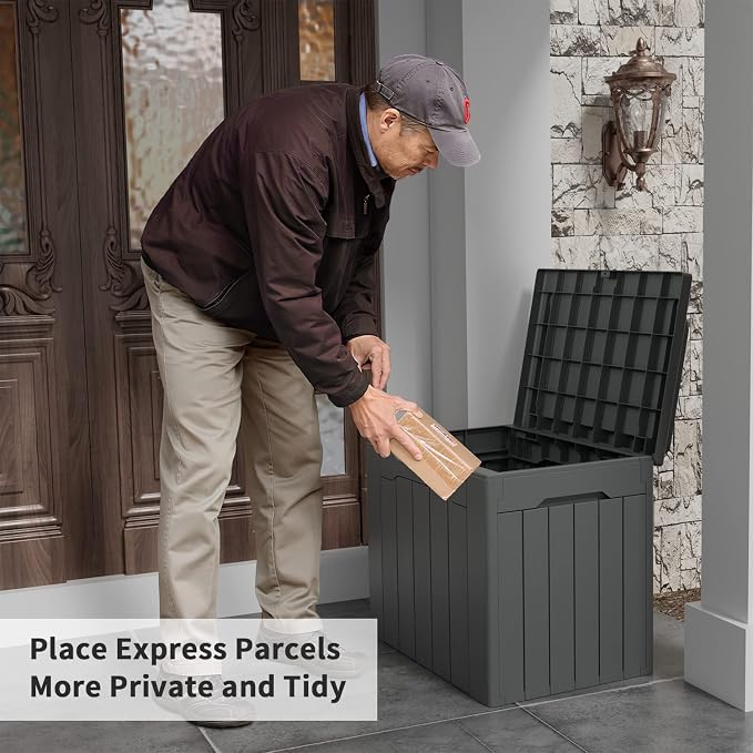 Flamaker Deck Box 31 Gallon Waterproof Resin Small Deck Box with Lid, Indoor Outdoor Package Delivery Box, Organization and Storage for Patio Furniture, Garden Tools, Outdoor Cushions (Grey)