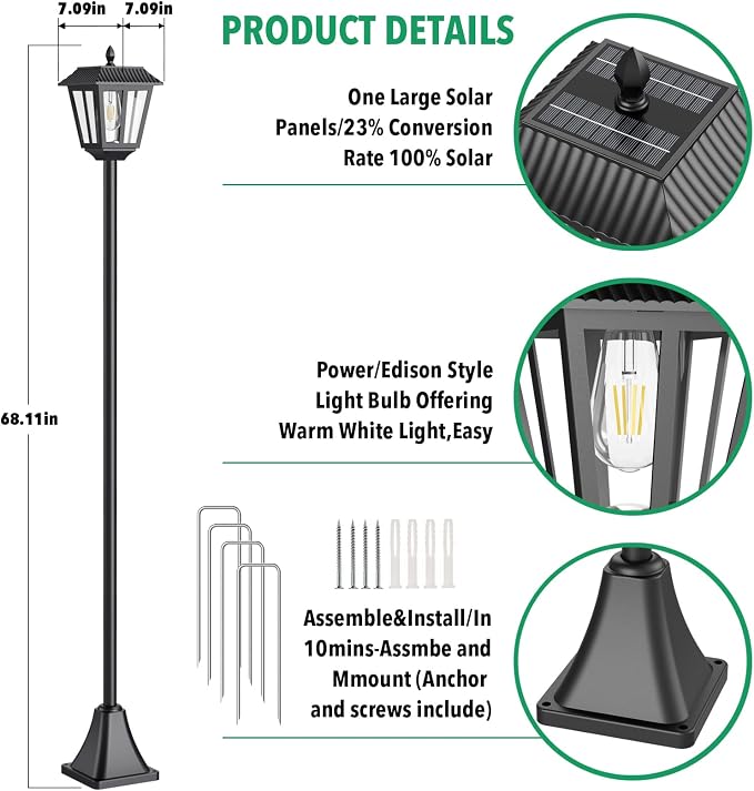 68" Solar Lamp Post Light Outdoor - 3000K Warm White, IP45 Waterproof Post Solar Lights Outdoor, Pole Lights Decorative Lamp for Yard Garden Patio Lawn Pathway Driveway Front/Back Door (2PK)