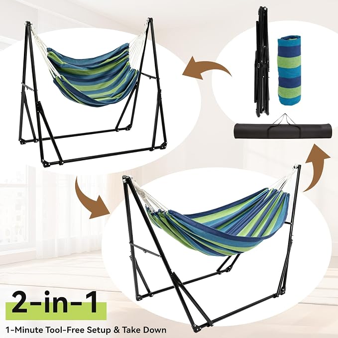 Portable Multifunctional Hammock Chair with Stand for Outside or Inside | 1 Minutes Tool-Free Setup | Easy switching Hammock and Hammock Chair | Adjustable Hammock for Patio Yard | 450 lbs Capacity
