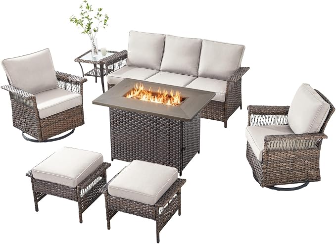 Patio Furniture Set with Fire Pit Table, 7PCS Patio Conversation Set Brown Resin Wicker Swivel Patio Chair Sofa Ottoman Set with Side Table and Fire Table PE Rattan Furniture Set