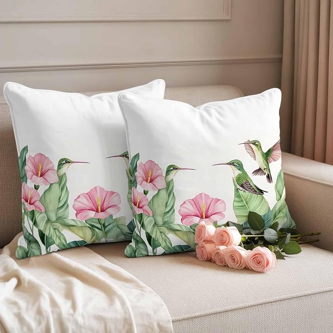 Tropical Plants Waterproof Outdoor Pillow Covers Set of 2 Home Decor, Summer Spring Flowers Palm Leaves Birds Pillowcase Patio Pillow Covers for Couch Bench Furniture Garden 16x16in