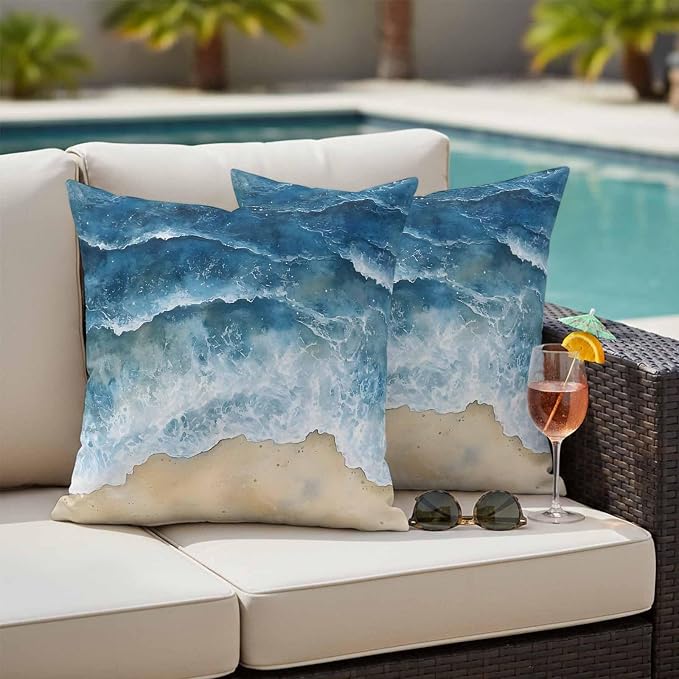 Abstract Waves Outdoor Waterproof Throw Pillow Covers Set of 2, 24"x24", Blue Ocean Spray Beach Watercolor Decorative Pillow Covers Outside Cushion Case for Patio Porch Garden
