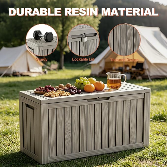 EFU Outdoor Storage Box 120 Gallon Deck Box (Indoor & Outdoor) Lockable UV Resistance Waterproof Resin Storage Bin Storage Box for Outdoor,Patio Storage With Support Rod(Taupe)