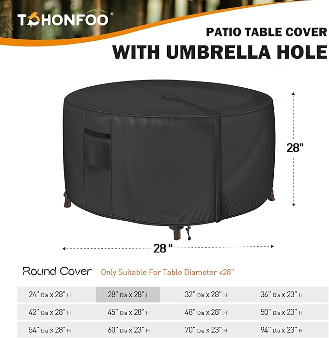 Round Patio Table Cover with Umbrella Hole - 28" Dia x 28" H (Cover Size，NOT Table Size) Heavy Duty Waterproof 600D Oxford Fabric Outdoor Lawn Patio Furniture Covers